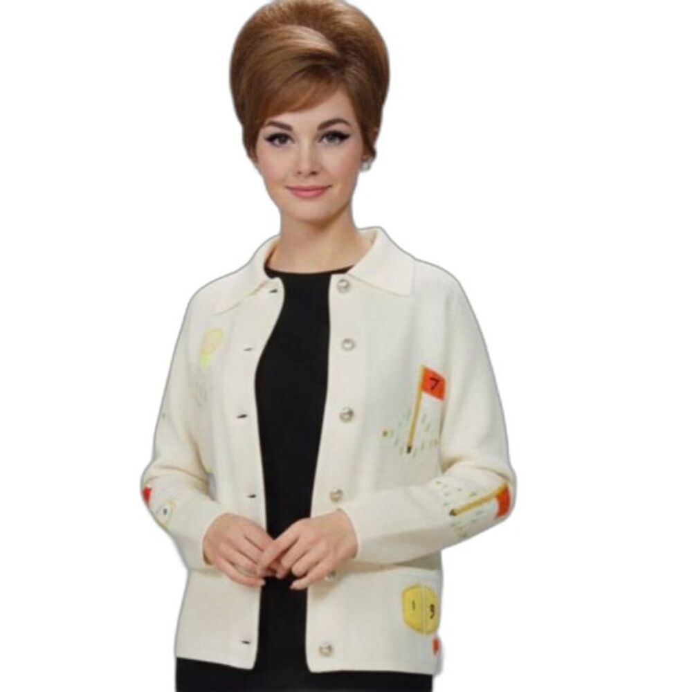 Vintage Golf Novelty Cardigan Sweater White Knit Embroidered MCM Grandpa Large